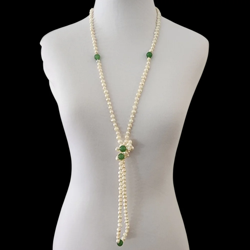 Extra long pearl necklace with green apple quartz hand knotted pearls L511 -Q5